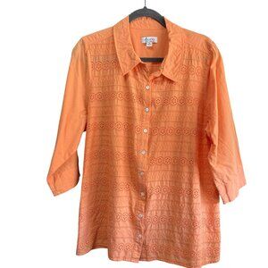 D & Co. Size 1X 100% Cotton 3/4 Sleeve Orange Eyelet Detailing Button Shirt